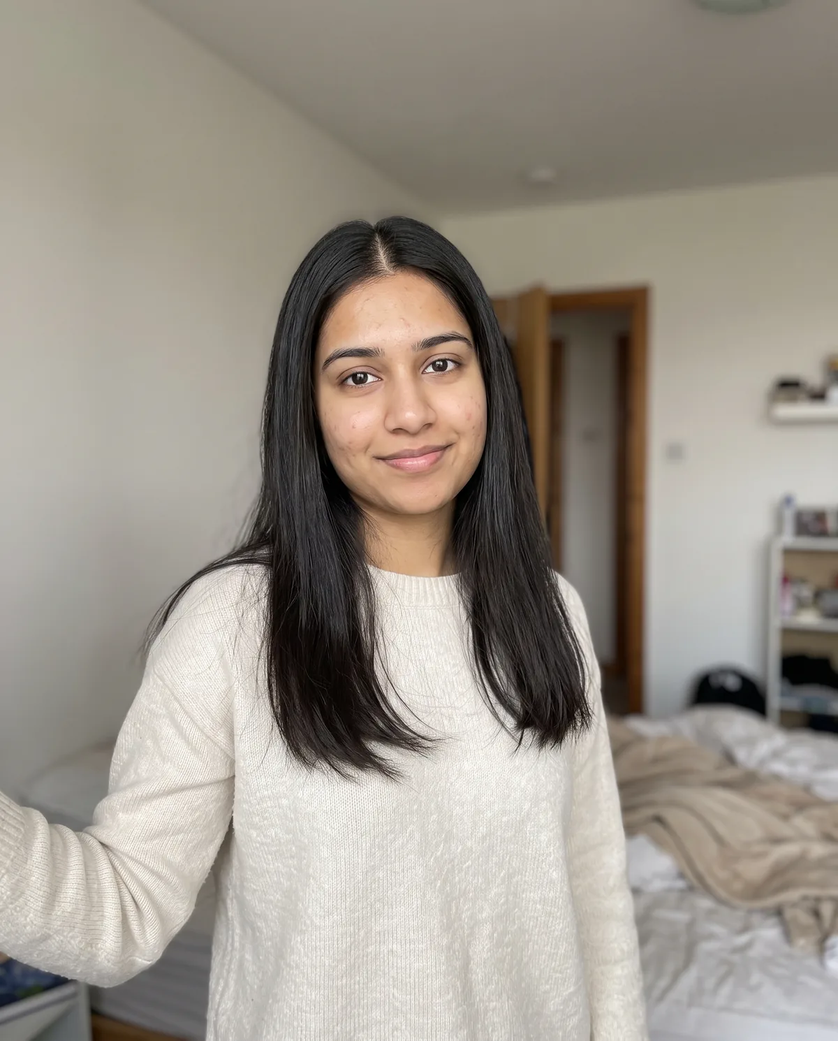 Young South Asian woman with long straight dark hair and a middle part in a cream sweater, standing in a plain bedroom with white walls, an unmade bed and a small shelf.