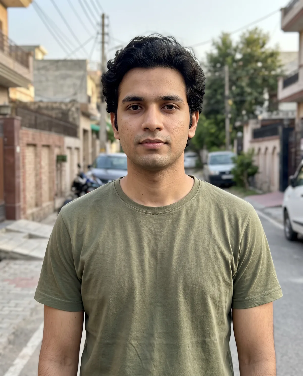Young South Asian man with wavy black hair in an olive t-shirt, standing on a residential street with parked cars.