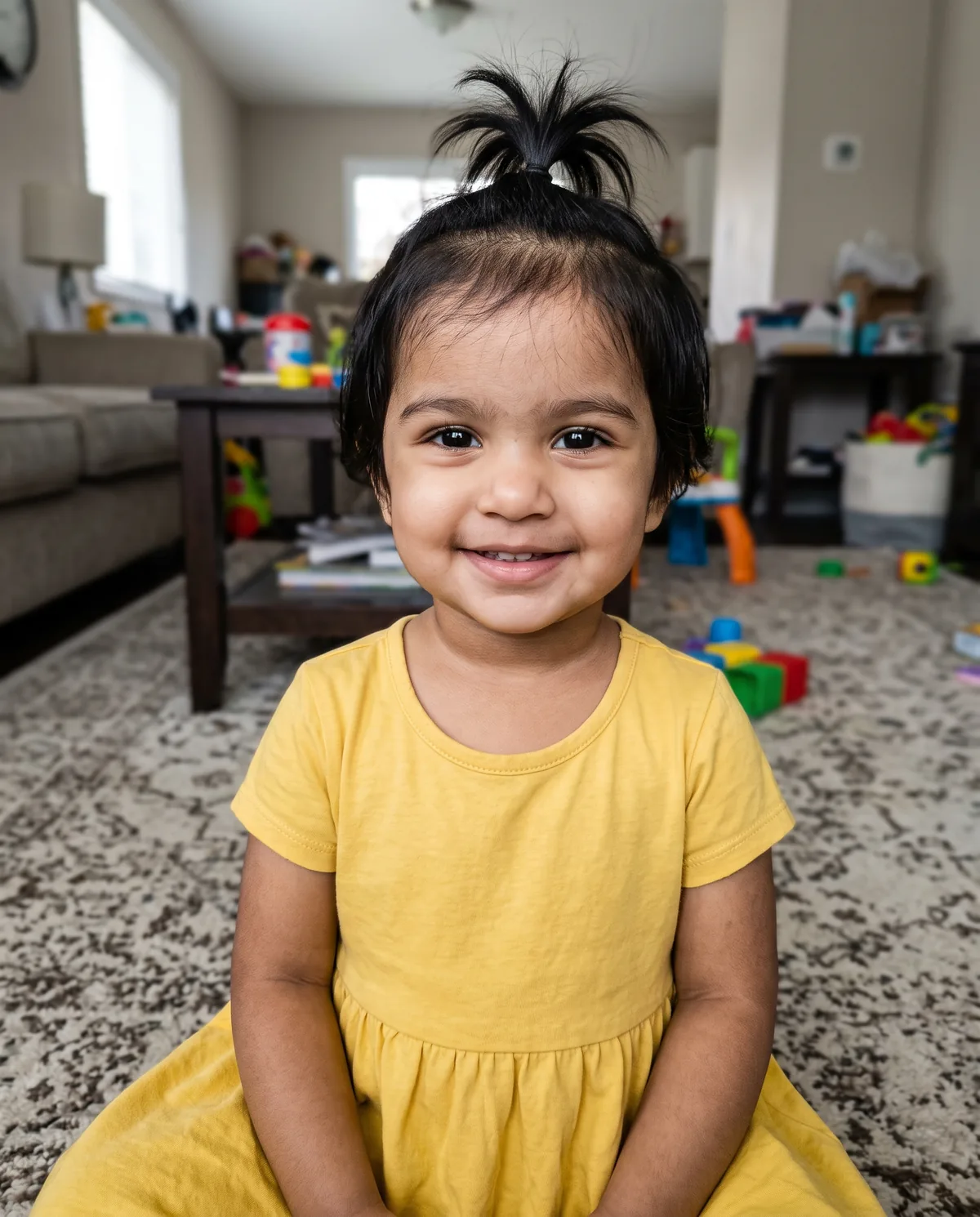 South Asian toddler girl with a small top ponytail in a yellow frock, sitting on a patterned rug in a living room with toys.