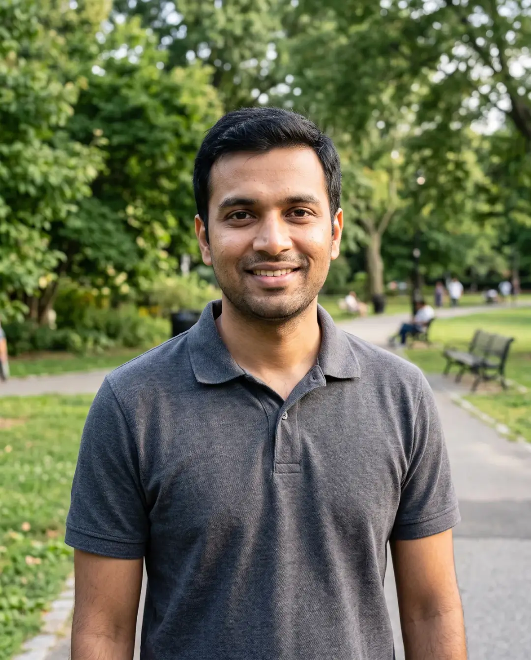 South Asian man with short dark hair and light stubble in a charcoal polo shirt, smiling in a park with benches.