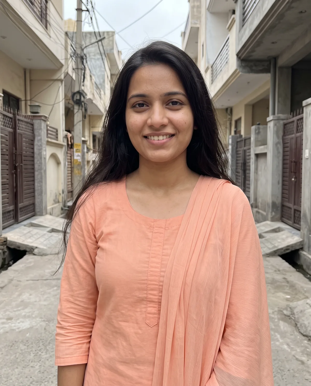 Young South Asian woman with long dark hair in a peach cotton kurti with a dupatta over one shoulder, smiling in a residential lane.