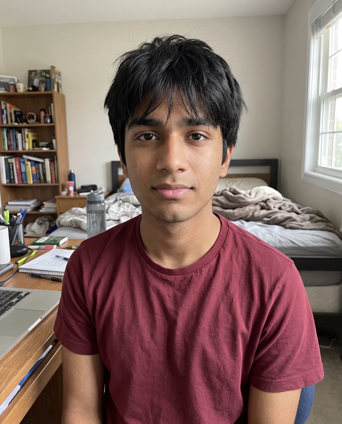 South Asian teenage boy with messy black hair and a fringe in a maroon t-shirt, sitting at a cluttered desk with a laptop in a bedroom.