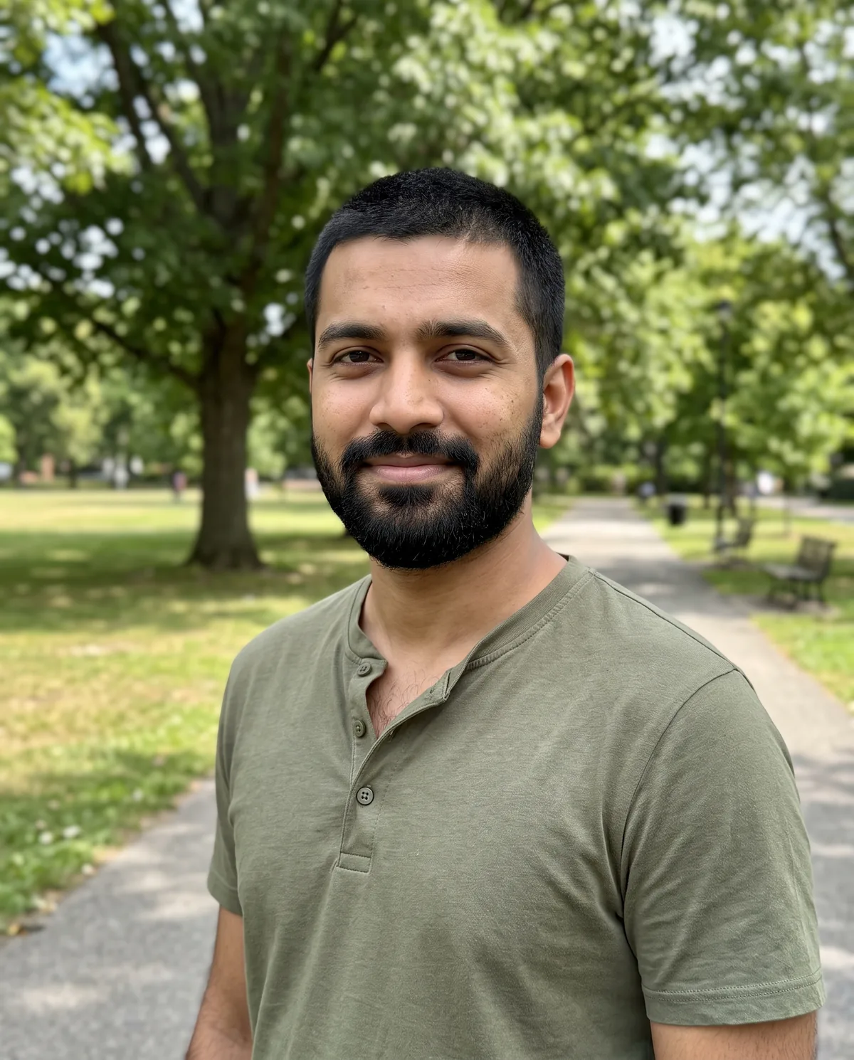South Asian man with a short crew cut and full black beard in an olive henley, smiling in a tree-lined park.