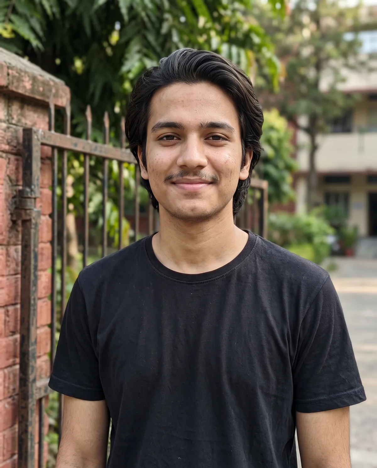 Young South Asian man with swept-back medium-length black hair and a thin moustache in a black t-shirt, smiling by an iron gate and brick pillar.