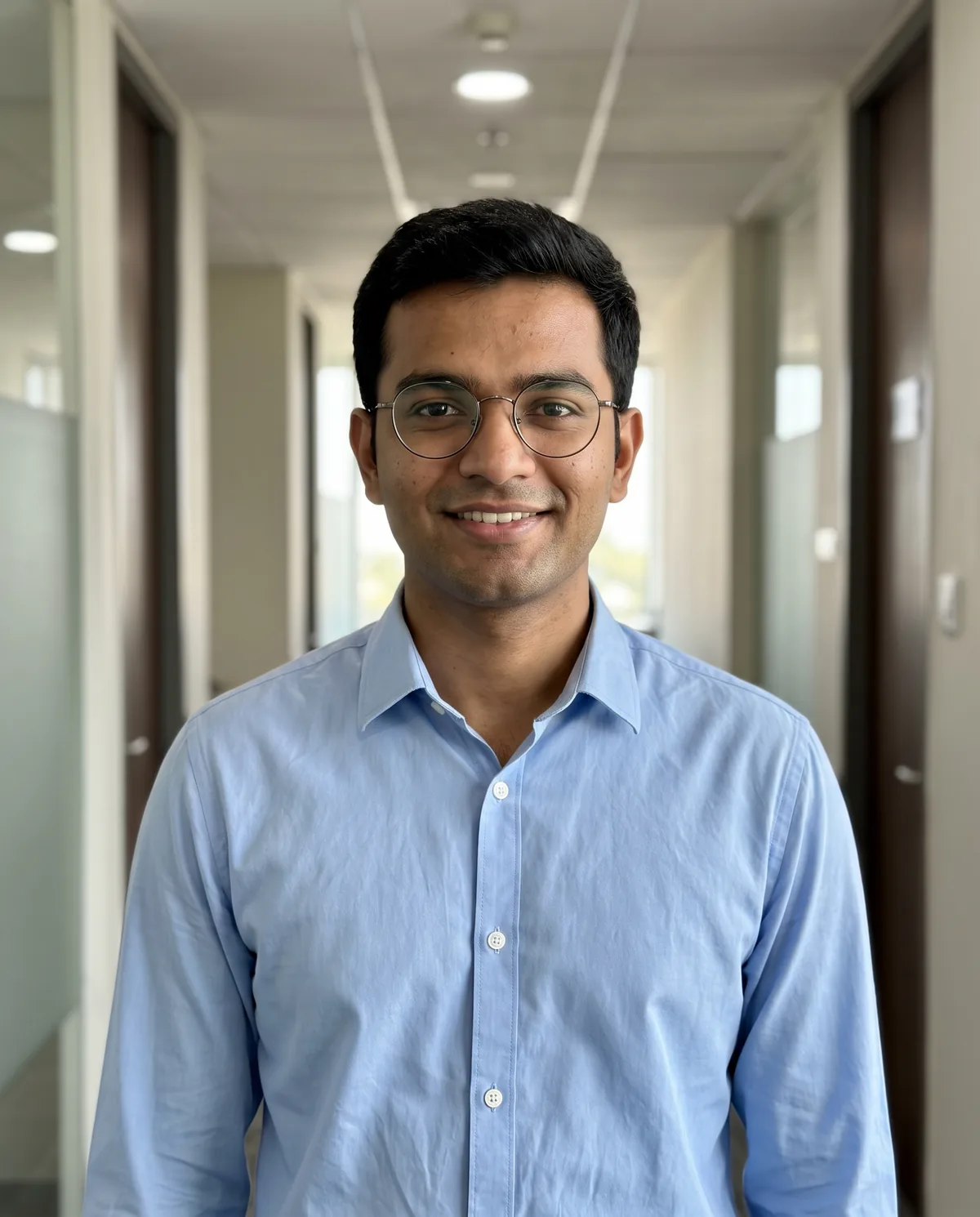 Young South Asian man with short black hair and round thin-framed glasses in a light-blue shirt, smiling in an office corridor.