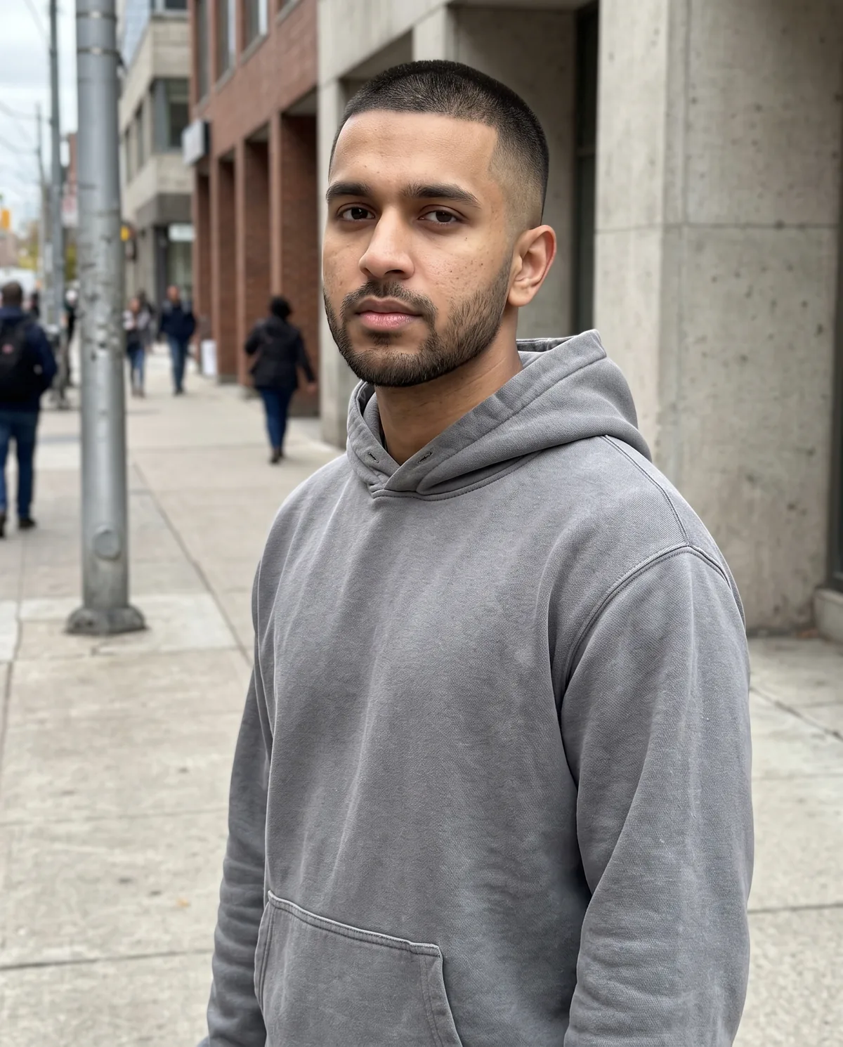 South Asian young man with a short faded haircut and stubble beard in a grey hoodie, serious expression, on a city sidewalk with pedestrians.