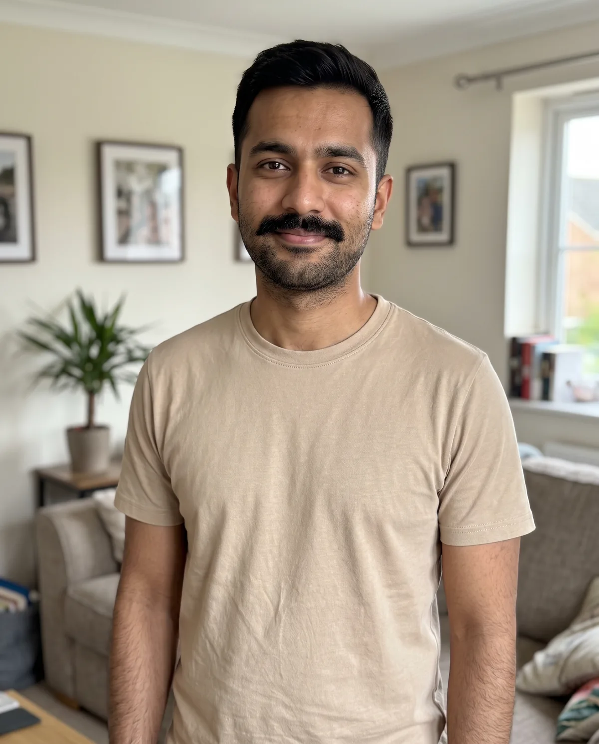 South Asian man with neat short hair, a thick moustache and short beard in a beige t-shirt, standing in a home living room.