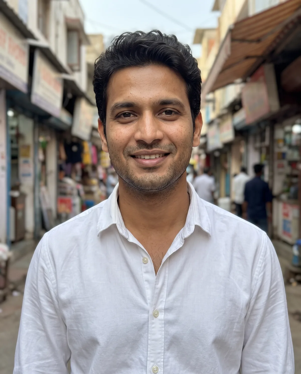 South Asian man with short wavy hair and stubble in a white shirt, smiling on a busy shop-lined street.