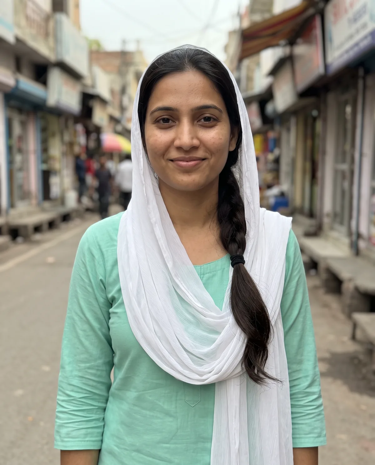South Asian woman with a side braid and a white dupatta over her head in a mint-green kurti, smiling on a shop-lined street.