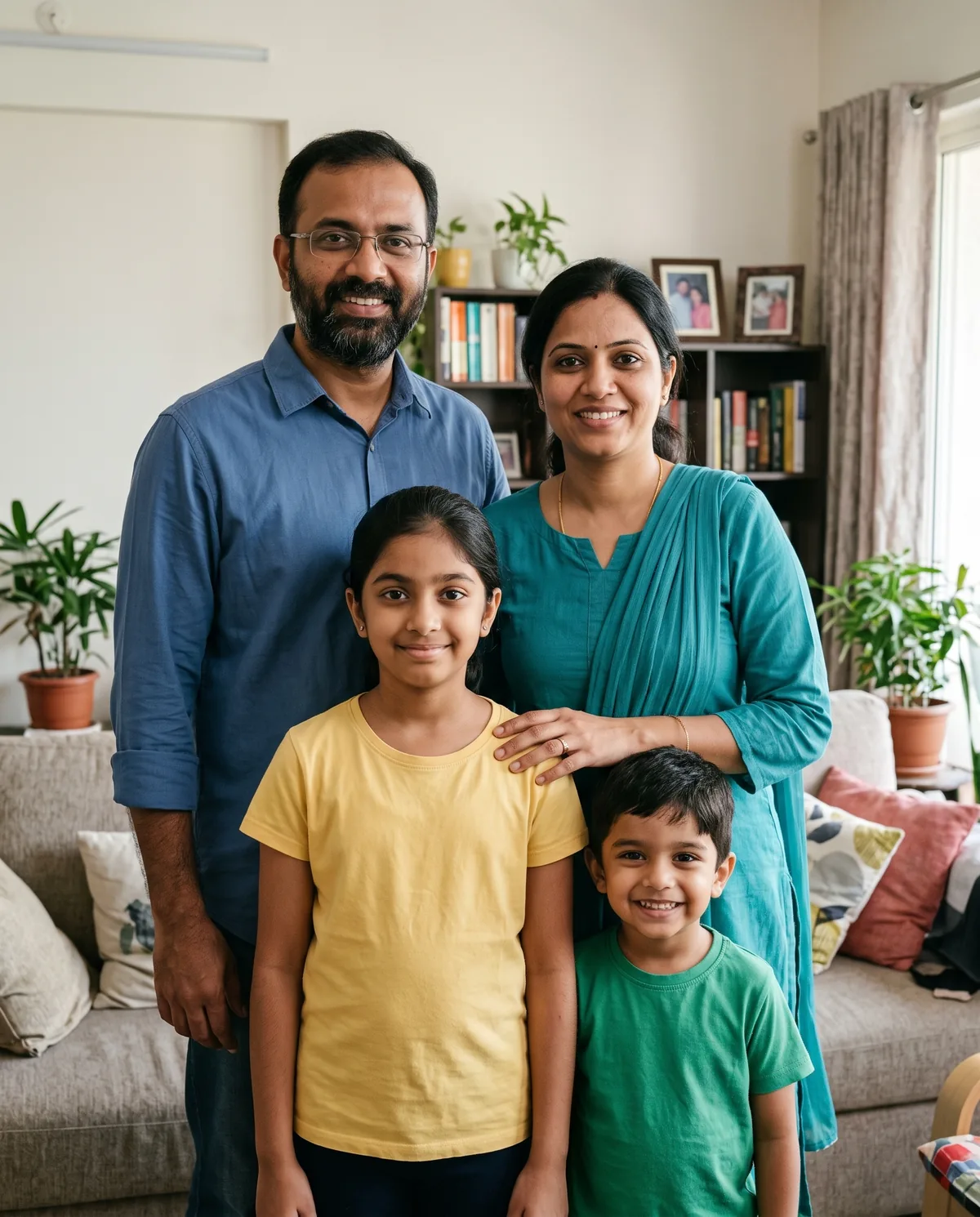 South Asian family of four in a living room: a bearded father with glasses in a blue shirt, a mother in a teal kurti with a dupatta, a girl in a yellow t-shirt and a young boy in a green t-shirt.