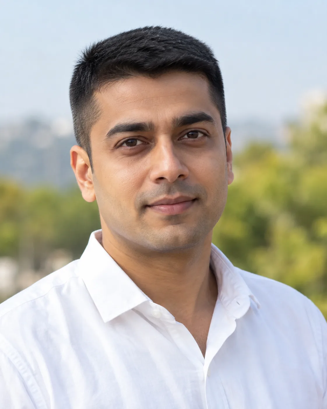 Man with short dark hair in a white open-collar shirt, outdoors with trees and a hazy skyline behind.