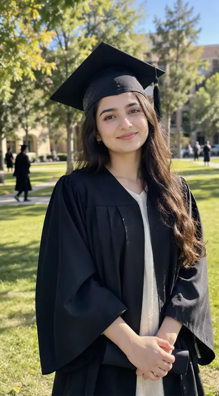 Graduate in a black gown and cap on a campus lawn.