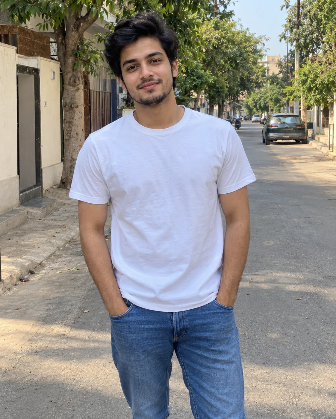 Young man with dark wavy hair and a light beard in a white tee and jeans, on a sunny residential street.