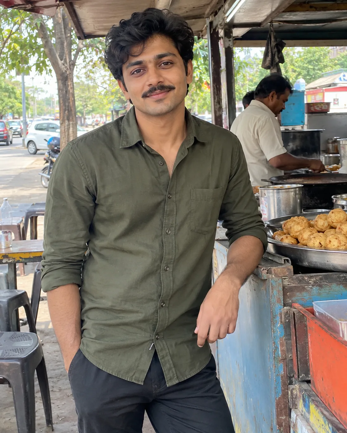 Young man with a mustache in an olive shirt, leaning on a street-food stall counter.