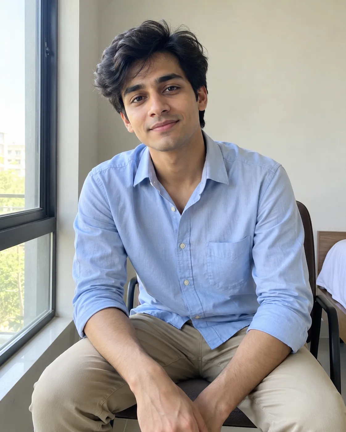 Young man with voluminous dark hair in a light-blue shirt, seated by a window indoors.