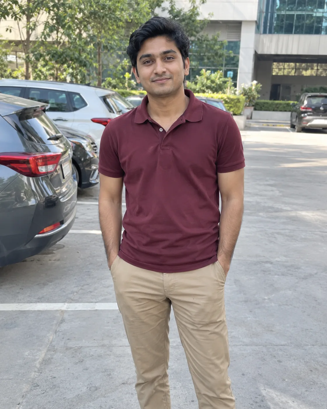 Man in a maroon polo and khaki trousers in a parking lot.