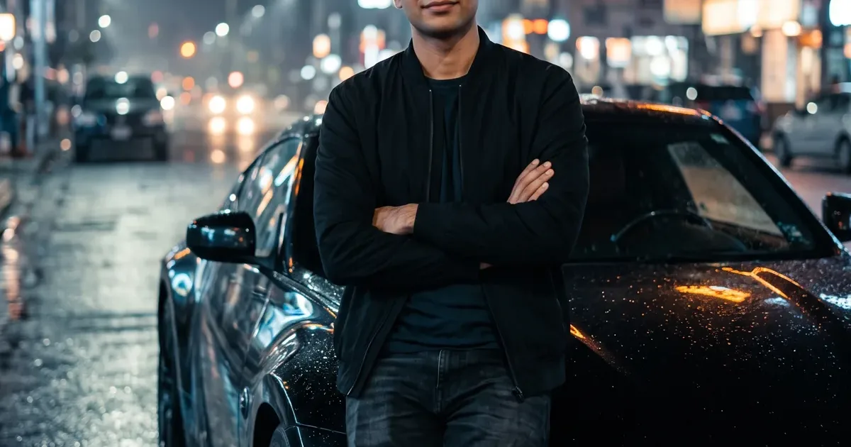 Realistic night photo of the same young man in a black bomber jacket, dark tee and dark jeans, arms crossed, leaning on a glossy unbadged black sports car on a rain-wet city street with blurred neon signs and streetlights.