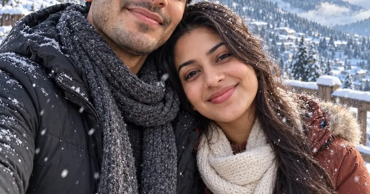 Couple in matching winter jackets and scarves at a snowy mountain viewpoint with white peaks.